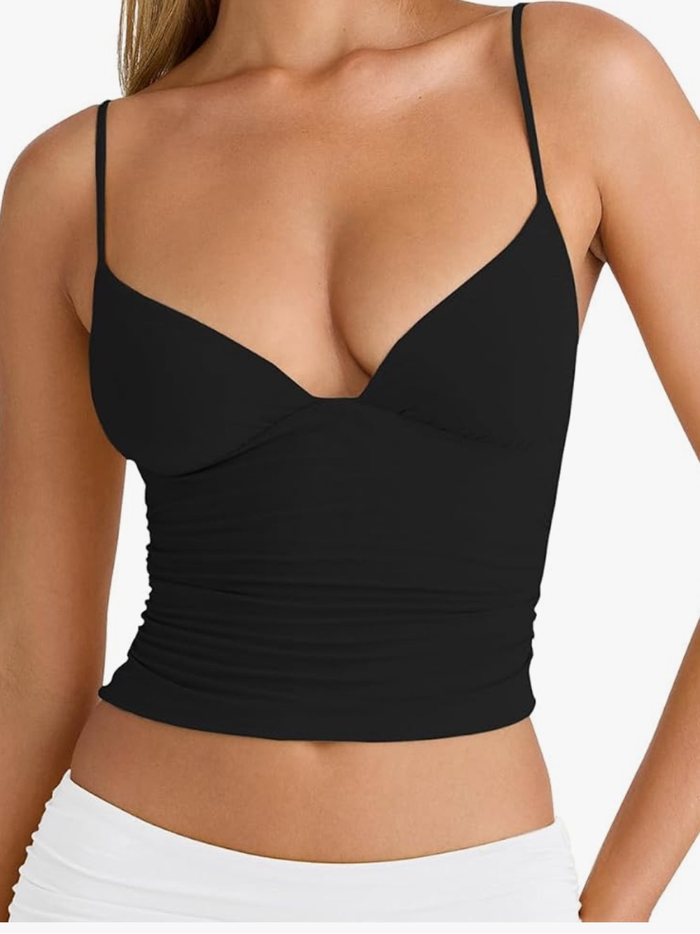 Never Worn Ruched Deep V Black Spaghetti Strap Tank Top